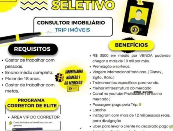 1 Vaga de emprego para Consultor Imobiliário na empresa Trip Imóveis em 06/09