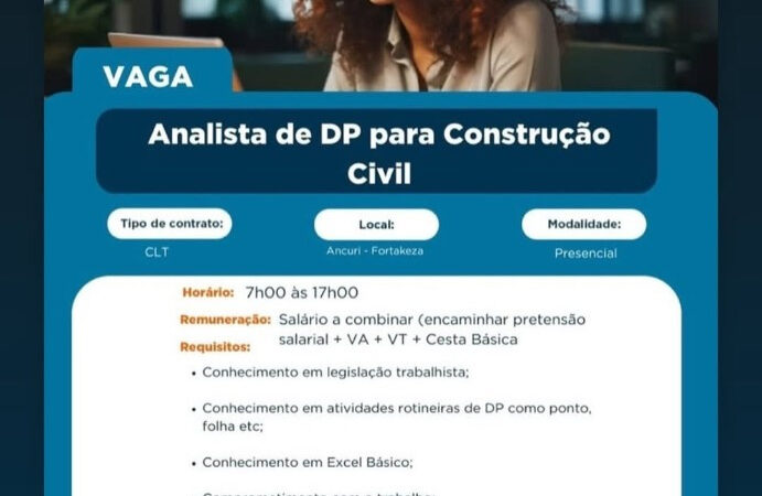 1 Vaga de emprego para Analista De Dp Para Construção Civil na empresa RHF em 12/09