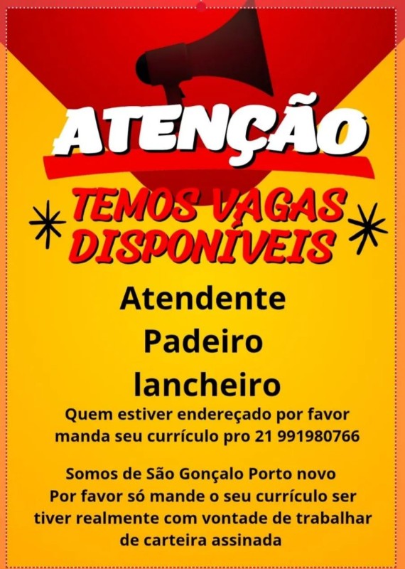 3 Vagas de emprego para Atendente, Padeiro, Lancheiro na empresa São Gonçalo Porto Novo em 23/09