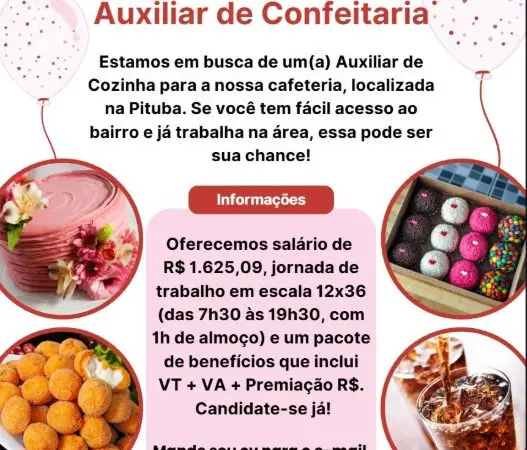 1 Vaga de emprego para Auxiliar De Confeitaria na empresa Allyada RH em 06/09