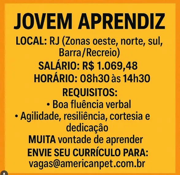 1 Vaga de emprego para Jovem Aprendiz na empresa American Pet em 06/09
