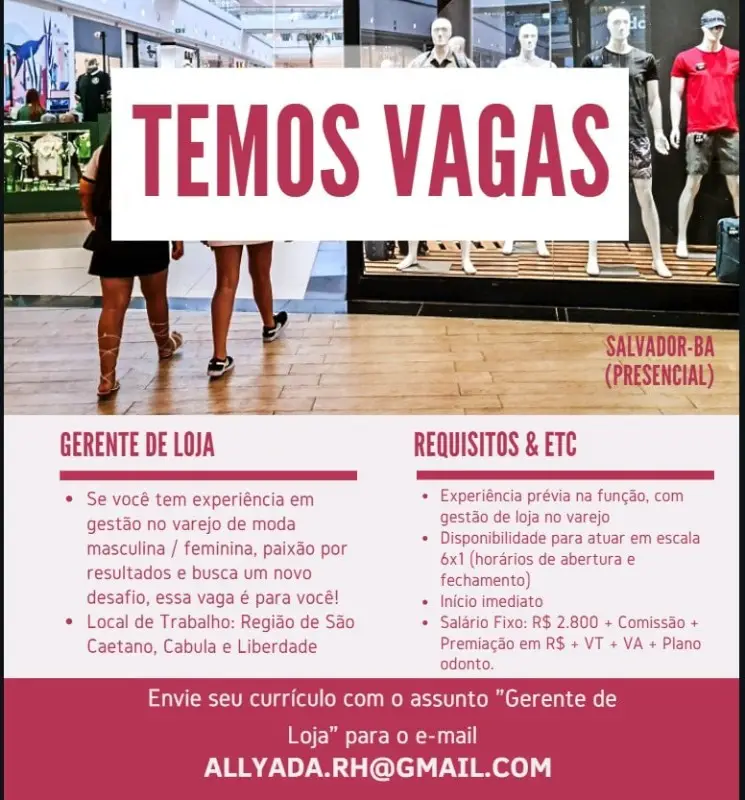 1 Vaga de emprego para Gerente De Loja na empresa Allyada RH em 06/09