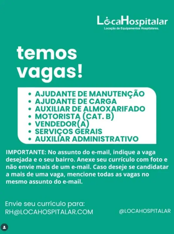 1 Vaga de emprego para Ajudante De Manutenção Ajudante De Carga Auxiliar De Almoxarifado Motorista Serviços Gerais Auxiliar Administrativo na empresa Lóca Hospitalar em 06/09
