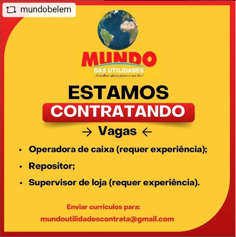 1 Vaga de emprego para Operador De Caixa, Repositor E Supervisor De Loja na empresa MUNDO DAS UTILIDADES em 17/09