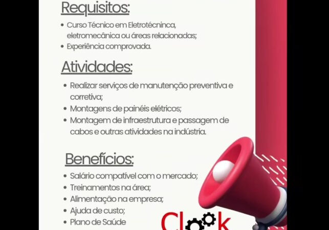 1 Vaga de emprego para Eletricista Industrial na empresa Clook Engenharia em 08/09