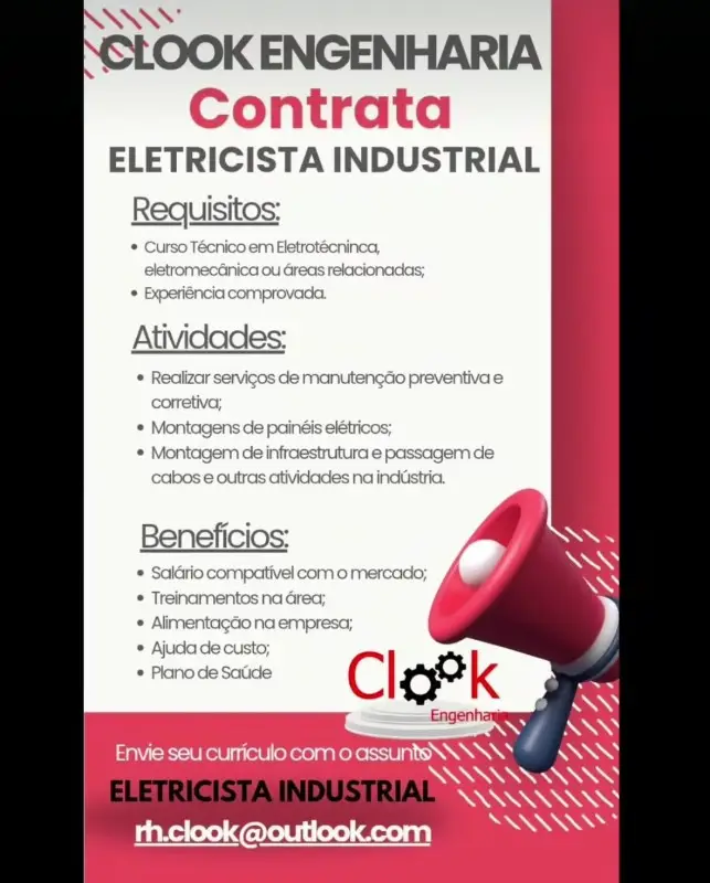 1 Vaga de emprego para Eletricista Industrial na empresa Clook Engenharia em 08/09