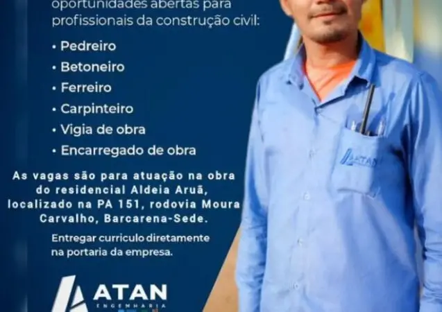 1 Vaga de emprego para Pedreiro Ferreiro Carpinteiro Vigia De Obra Encarregado De Obra na empresa ATAN em 06/09