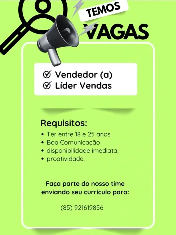 2 Vagas de emprego para Vendedor, Líder Vendas no segmento comercial em 12/09