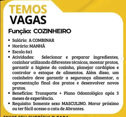 1 Vaga de emprego para Cozinheiro na empresa CAP Rosa em 06/09