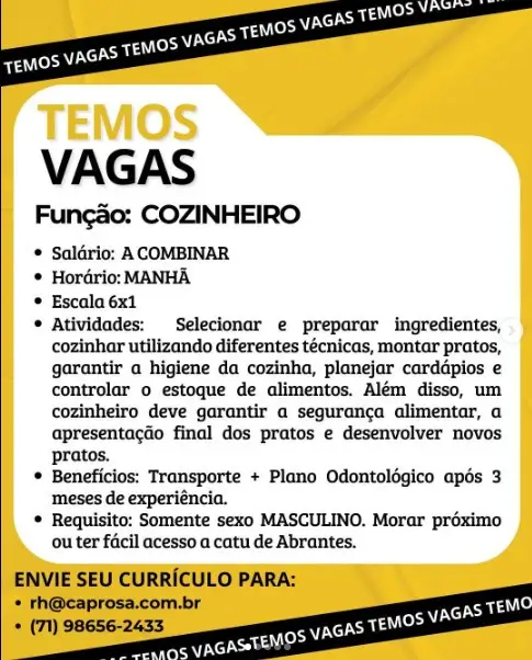 1 Vaga de emprego para Cozinheiro na empresa CAP Rosa em 06/09