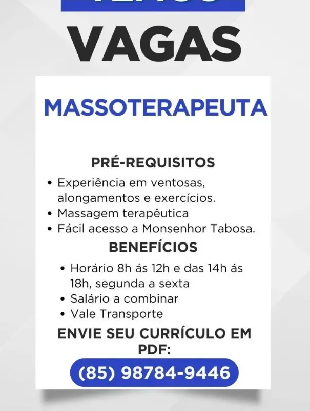 1 Vaga de emprego para Massoterapeuta no segmento de serviços em 12/09