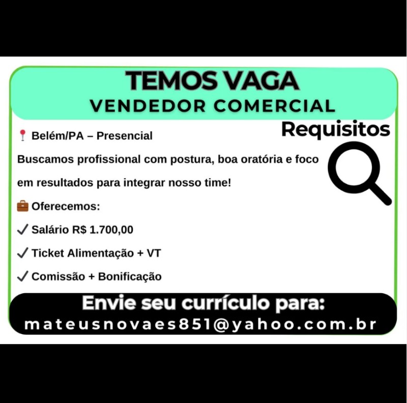 1 Vaga de emprego para Vendedor Comercial na Cidade em 17/09