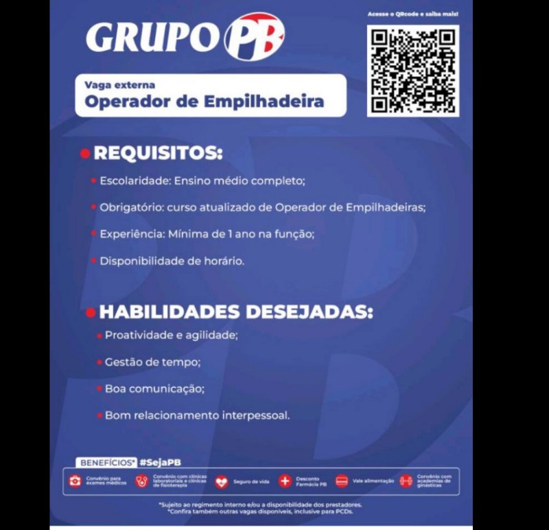 1 Vaga de emprego para Operador De Empilhadeira na empresa GRUPO PB em 19/09