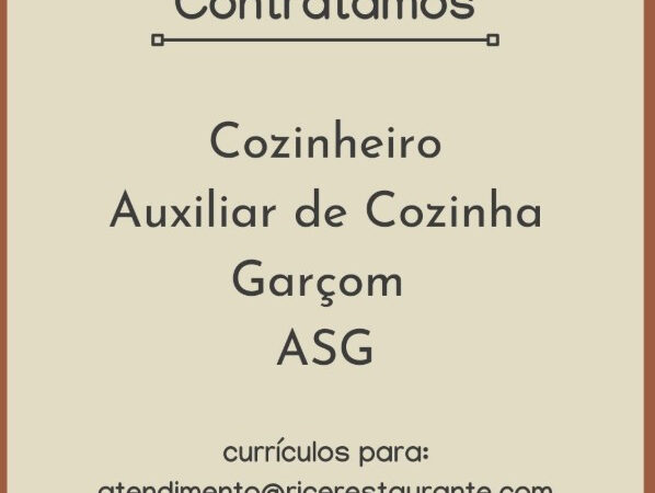 4 Vagas de emprego para Cozinheiro, Auxiliar De Cozinha, Garçom , Asg na empresa Rice Restaurante em 06/09