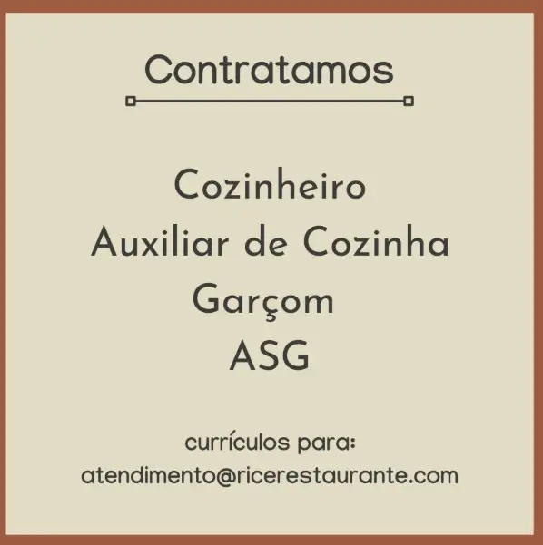 4 Vagas de emprego para Cozinheiro, Auxiliar De Cozinha, Garçom , Asg na empresa Rice Restaurante em 06/09