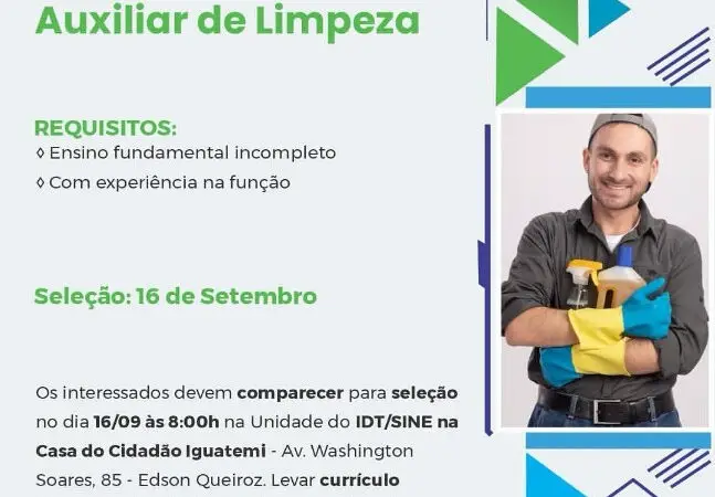 1 Vaga de emprego para Auxiliar De Limpeza no segmento de serviços gerais em 11/09