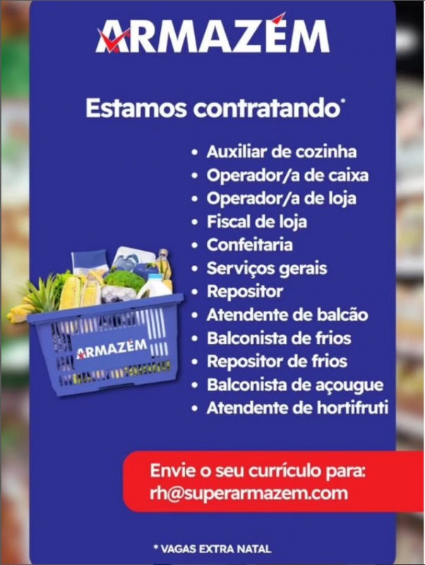 1 Vaga de emprego para Auxiliar De Cozinha, Operador De Caixa, Operdor De Loja, Fisal De Loja, Confeitaria Etc na empresa ARMAZEM em 27/09