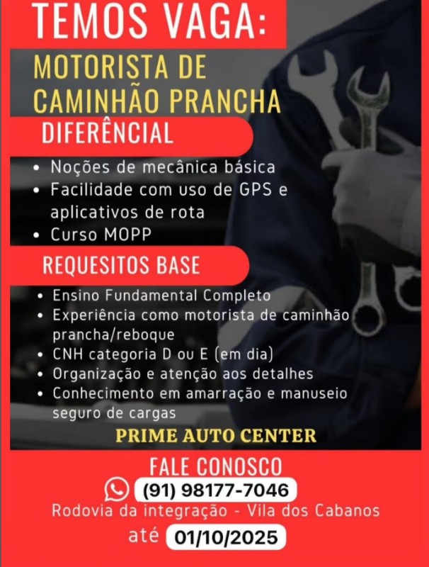 1 Vaga de emprego para Motorista De Caminhão Prancha na Cidade em 30/09