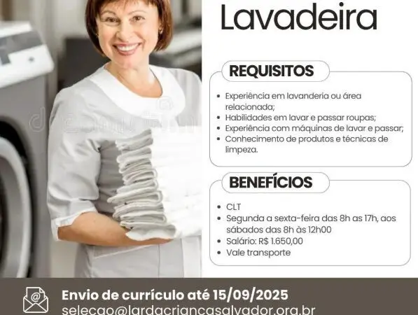 1 Vaga de emprego para Lavadeira na empresa Lar da Criança em 06/09
