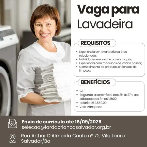 1 Vaga de emprego para Lavadeira na empresa Lar da Criança em 06/09