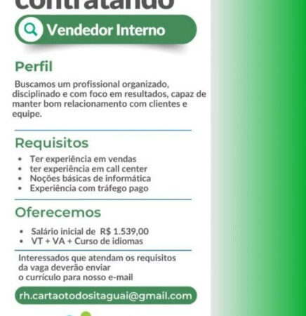 1 Vaga de emprego para Vendedor Interno na empresa Juntos Podemos Mais em 06/09