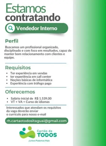 1 Vaga de emprego para Vendedor Interno na empresa Juntos Podemos Mais em 06/09
