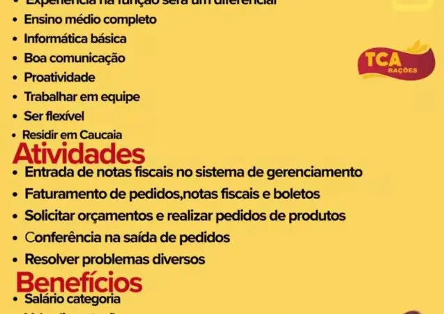 1 Vaga de emprego para Assistente Administrativo na empresa TCA Rações em 08/09