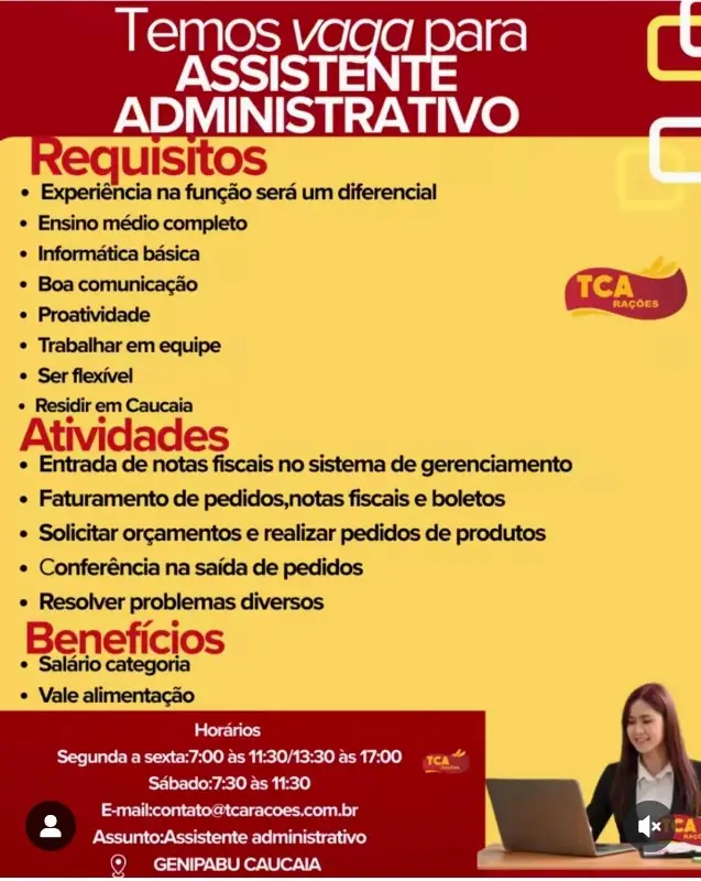 1 Vaga de emprego para Assistente Administrativo na empresa TCA Rações em 08/09