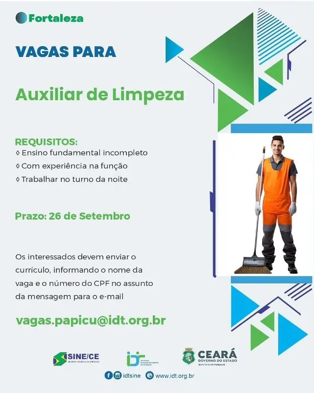 1 Vaga de emprego para Auxiliar De Limpeza no segmento de serviços gerais em 11/09