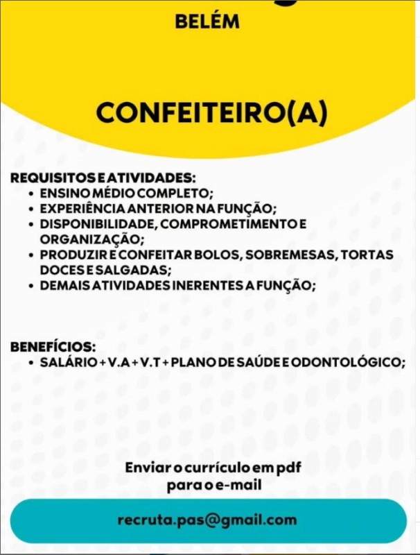 1 Vaga de emprego para Confeiteiro na Cidade em 27/09