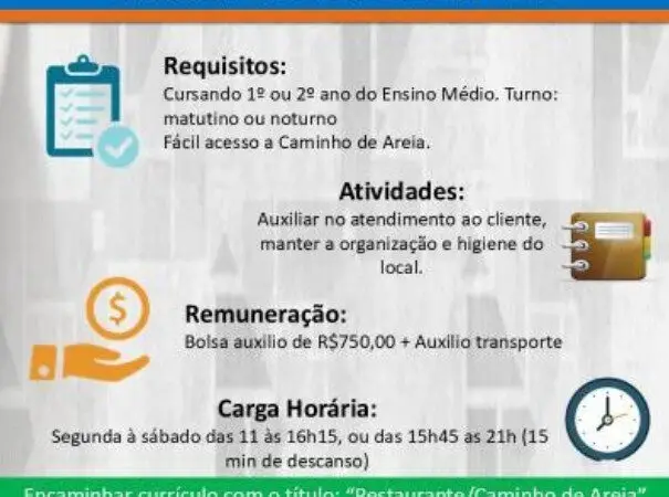 1 Vaga de emprego para Estágio Ensino Médio na empresa Restaurante Caminho de Areia em 06/09