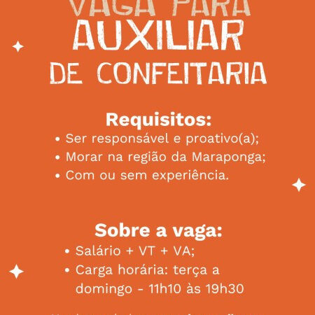 1 Vaga de emprego para Auxiliar De Confeitaria sem experiência na empresa Fábrica de Cookies em 12/09