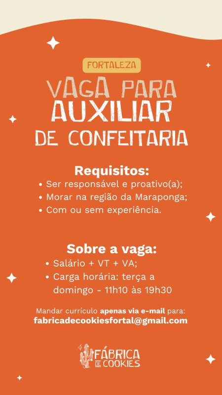 1 Vaga de emprego para Auxiliar De Confeitaria sem experiência na empresa Fábrica de Cookies em 12/09