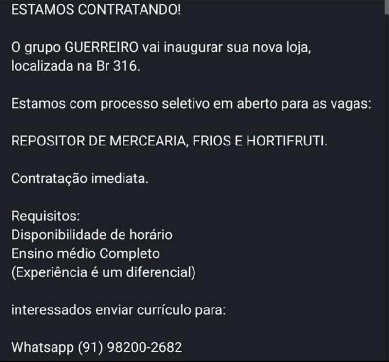 1 Vaga de emprego para Repositor De Mercadoria, Frios E Hortifruti na empresa GRUPO GUERREIRO em 18/09