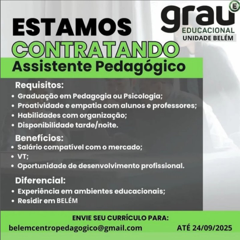 1 Vaga de emprego para Assistente Pedagógico na empresa GRAU EDUCACIONAL em 19/09
