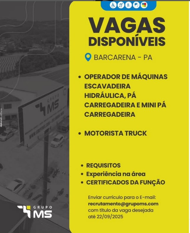 1 Vaga de emprego para Operador De Máquinas, Escavadores, Hidraulica, Carregador E Mini, Carregadeira na empresa GRUPO MS em 20/09