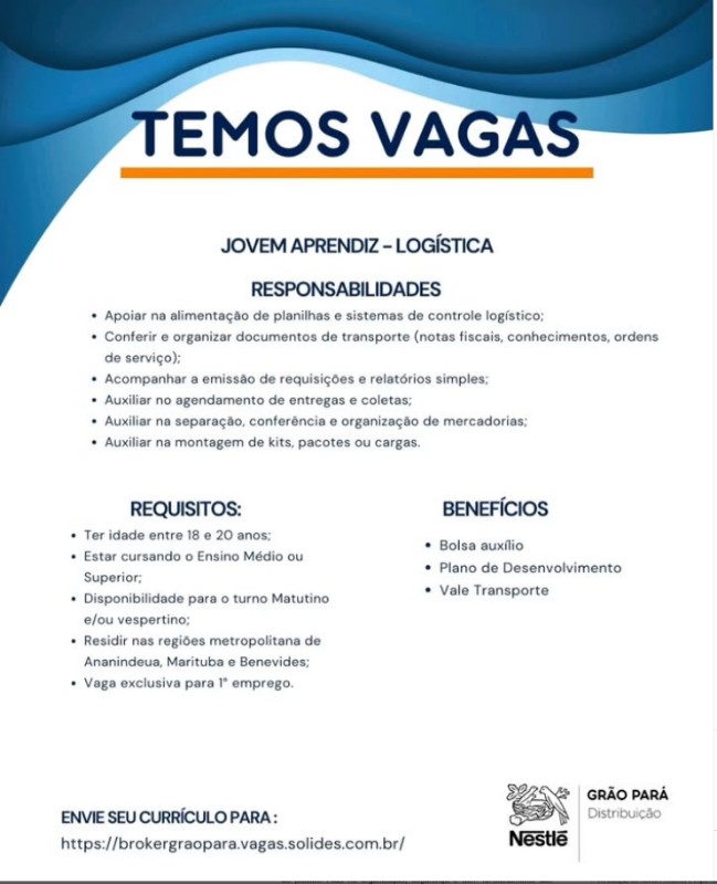 1 Vaga de emprego para Jovem Aprendi Logica na empresa Grão Pará em 30/09
