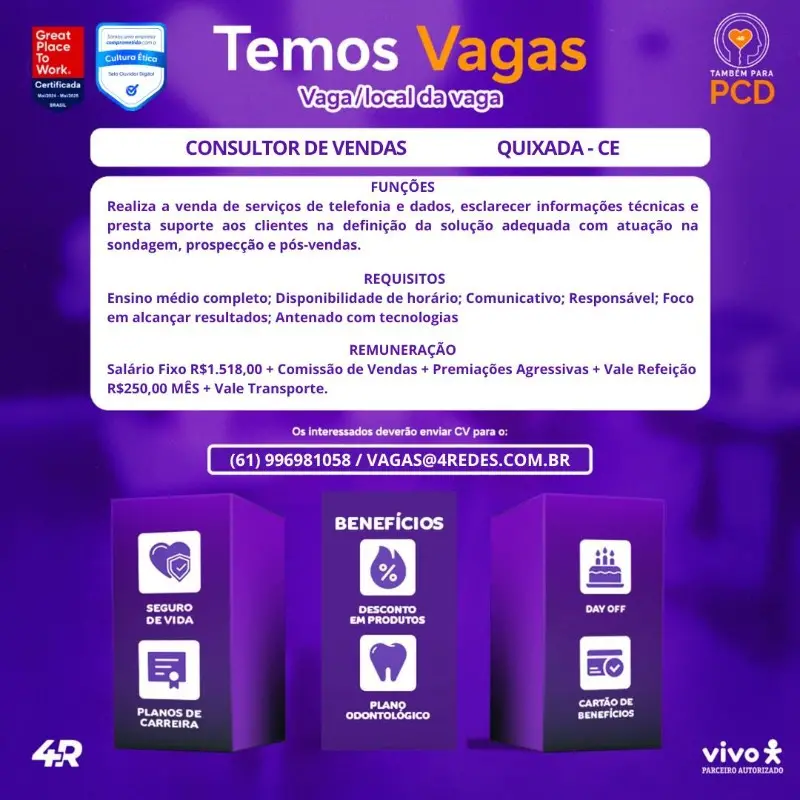 1 Vaga de emprego para Consultor De Vendas na empresa Vivo em 08/09