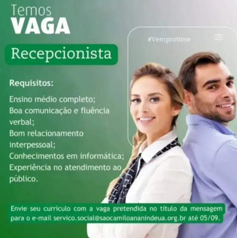 1 Vaga de emprego para Recepcionista na cidade em 05/09