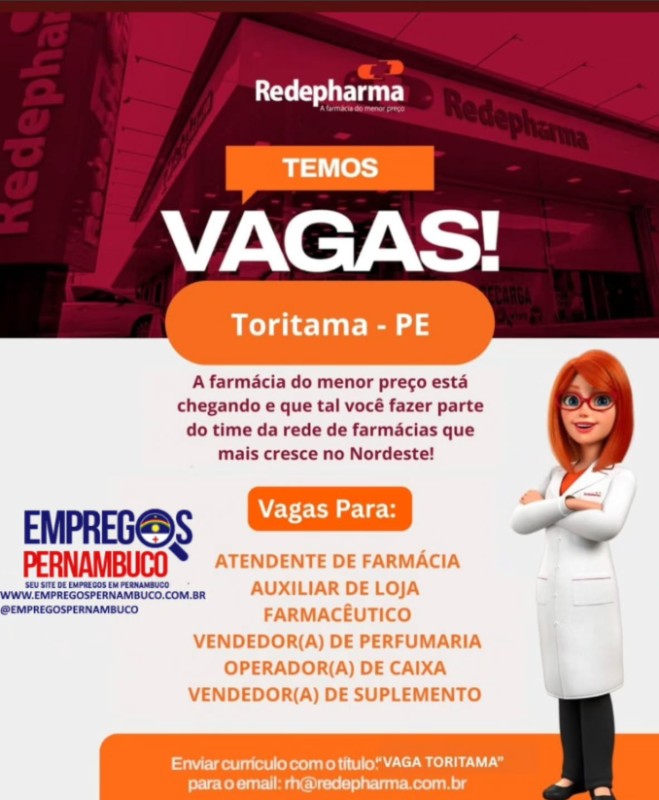 6 Vagas de emprego para Atendente De Farmácia, Auxiliar De Loja, Farmacêutico, Vendedor De Perfumaria, Operador De Caixa, Vendedor De Suplemento na empresa Farmácia Redepharma em 18/09