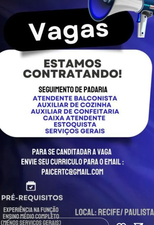 6 Vagas de emprego para Atendente Balconista, Auxiliar De Cozinha, Auxiliar De Confeitaria, Caixa Atendente, Estoquista, Serviços Gerais no Segmento alimentício em 27/09