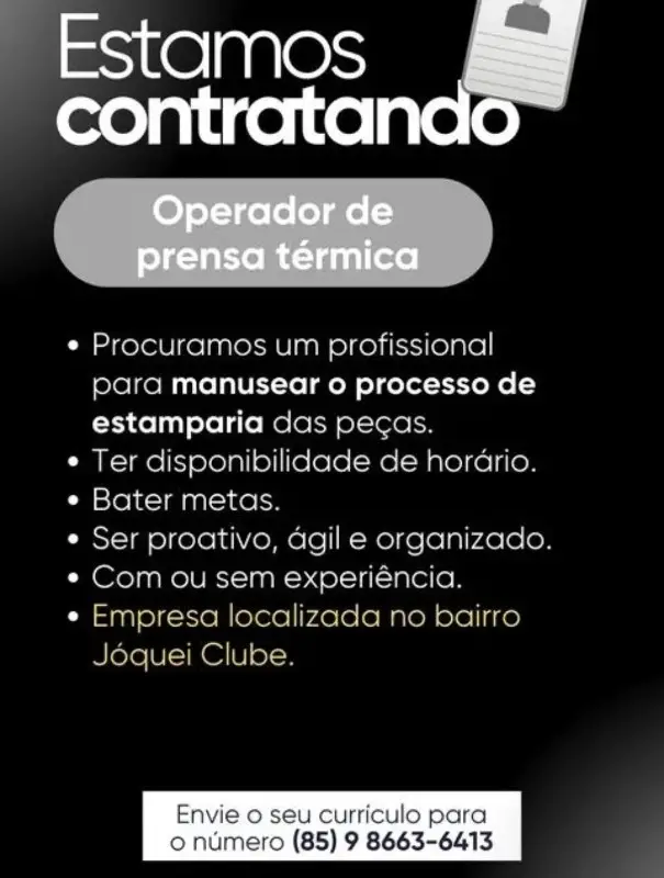 1 Vaga de emprego para Operador De Prensa Térica sem experiência no bairro de Jóquei Clube em 10/09