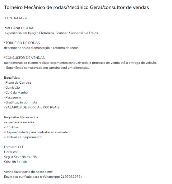 3 Vagas de emprego para Torneiro Mecânico De Rodas, Mecânico Geral, Consultor De Vendas na Cidade Rio de Janeiro em 25/09