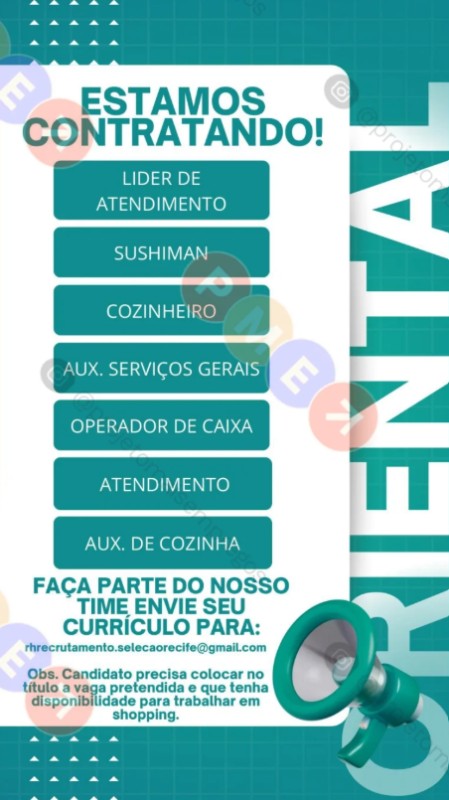 7 Vagas de emprego para Líder De Atendimento, Sushiman, Cozinheiro, Auxiliar De Serviços Gerais, Operador De Caixa, Atendimento, Auxiliar De Cozinha no Segmento alimentício em 22/09