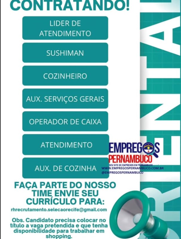 7 Vagas de emprego para Líder De Atendimento, Sushiman, Cozinheiro, Auxiliar De Serviços Gerais, Operador De Caixa, Atendimento, Auxiliar De Cozinha no Segmento alimentício em 26/09