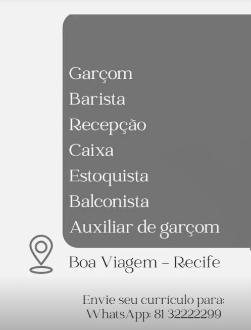 7 Vagas de emprego para Garçom, Barista, Recepção, Caixa, Estoquista, Balconista, Auxiliar De Garçom no Bairro de Boa Viagem em 09/09