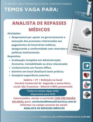1 Vaga de emprego para Analista De Repasses Médicos na empresa Grupo São Francisco em 18/09