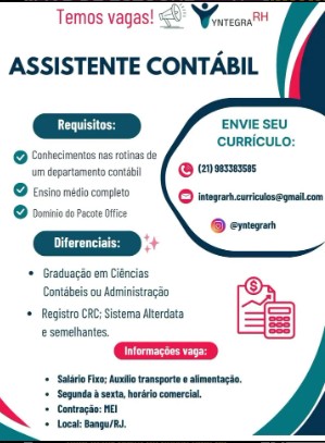 1 Vaga de emprego para Assistente Contábil na empresa Integra RH em 18/09