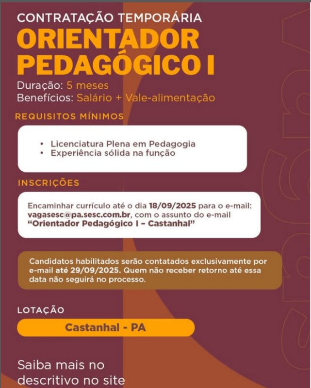 1 Vaga de emprego para Orientador Pedagógico na CIDADE em 19/09