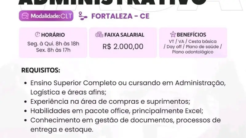 1 Vaga de emprego para Assistente Administrativo na empresa Studart em 10/09